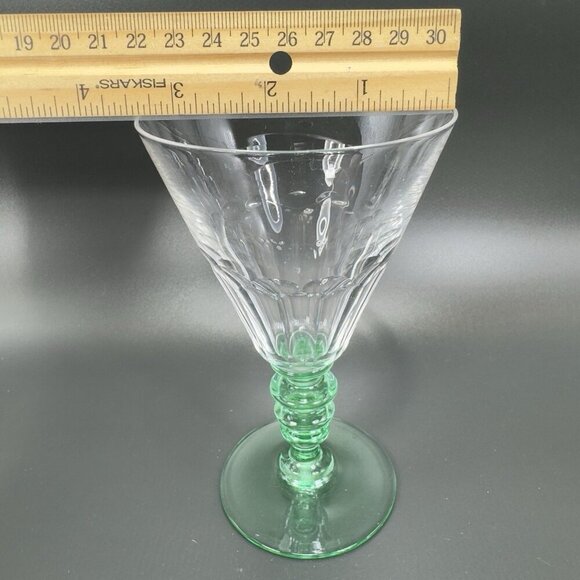 Seneca Theodule Green and Clear Top Uranium Stem Optic Cut Top Goblet Cups Set 2 - Picture 7 of 16